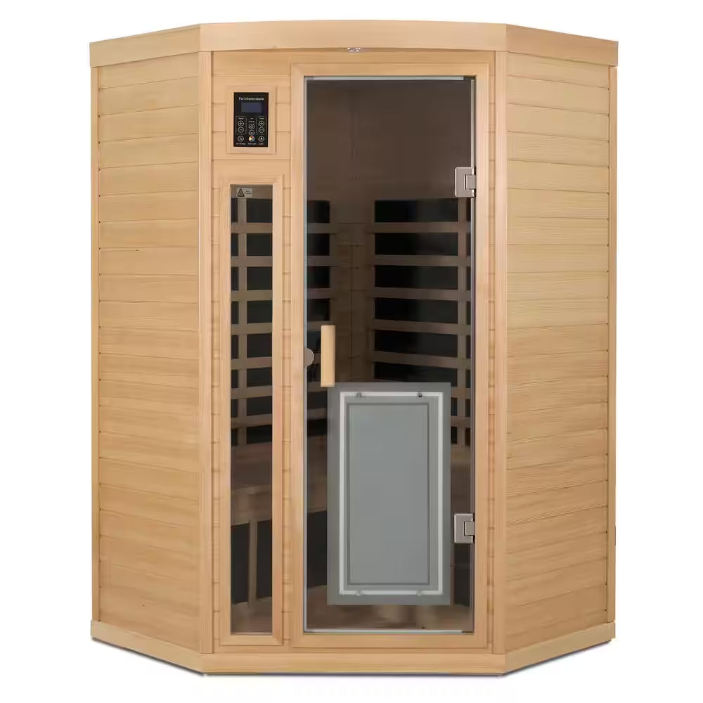 2-Person Natural Wood Far Infrared Hemlock Wood Pentagon Sauna Room with LED Reading Light