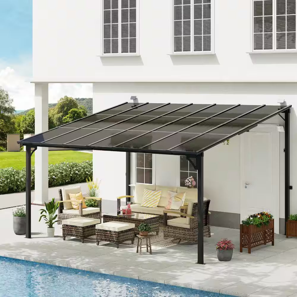 12' X 14' Wall Mounted Gazebo Heavy Duty Metal Pergola with Sloped Roof Lean to Awning for Patio Deck Backyard, Black