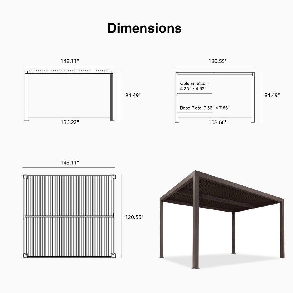10 Ft. X 12 Ft. Bronze Aluminum Frame Patio Hardtop Louvered Pergola with Adjustable Sunshade Roofs and In-Built Gutter