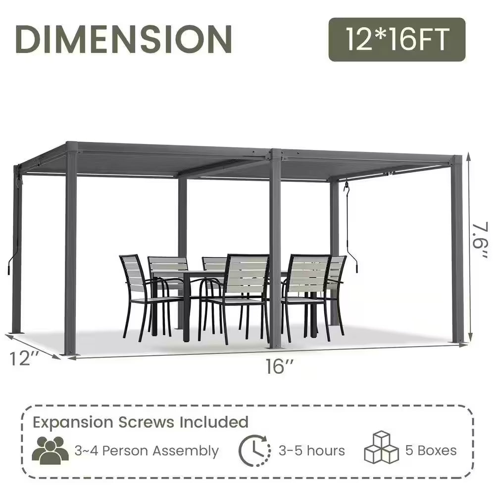 12 Ft. X 16 Ft. Gray Aluminum Louvered Pergola with Steel Roof