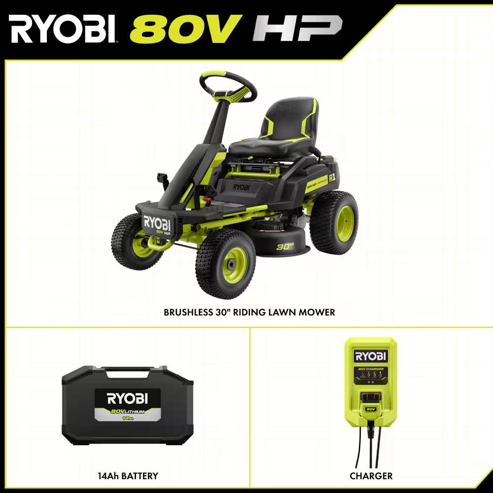 R1 80V HP Brushless Lithium Battery Cordless Electric 30 In. Riding Lawn Mower with 14 Ah Battery and Charger