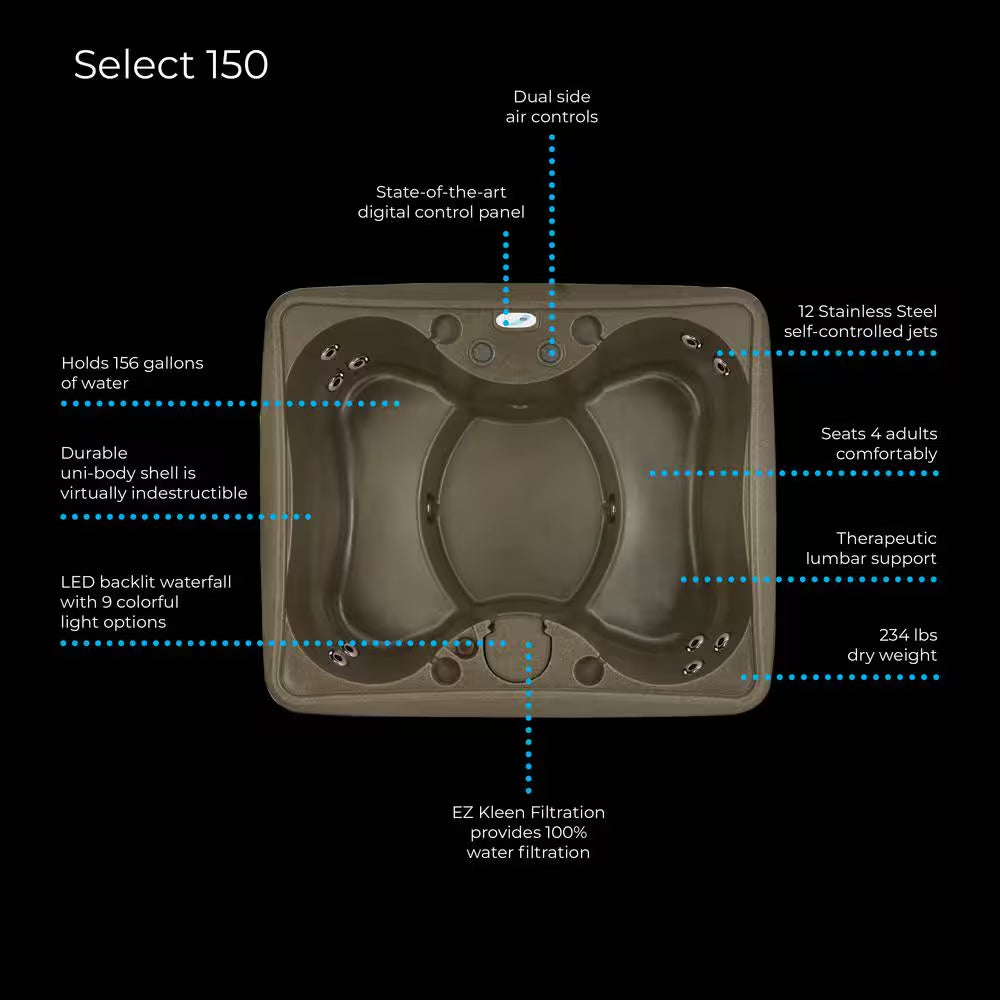 Select 150 4-Person Plug and Play Hot Tub with 12 Stainless Jets and LED Waterfall in Brownstone