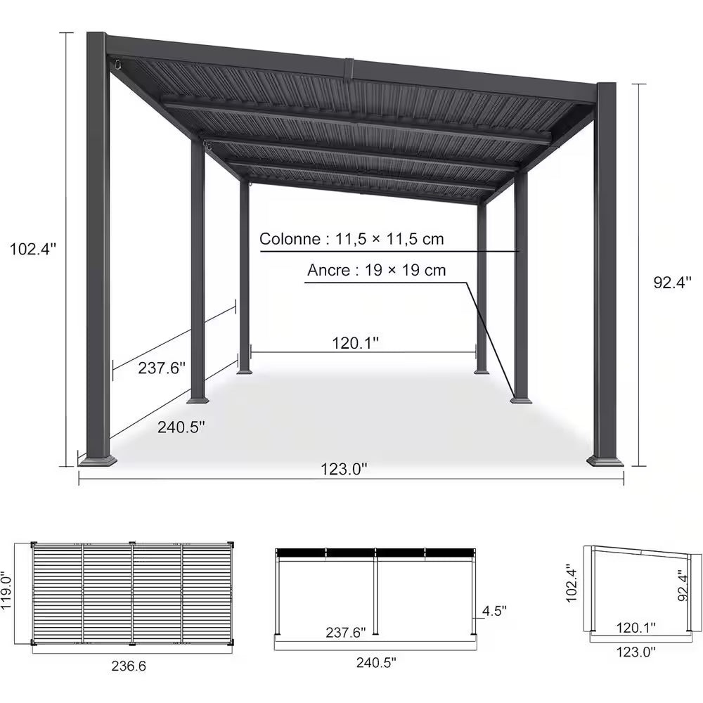 10 Ft. X 20 Ft. Grey Aluminum Outdoor Sloping Roof Louvered Pergola with Individual Adjustable Sunshade Roofs
