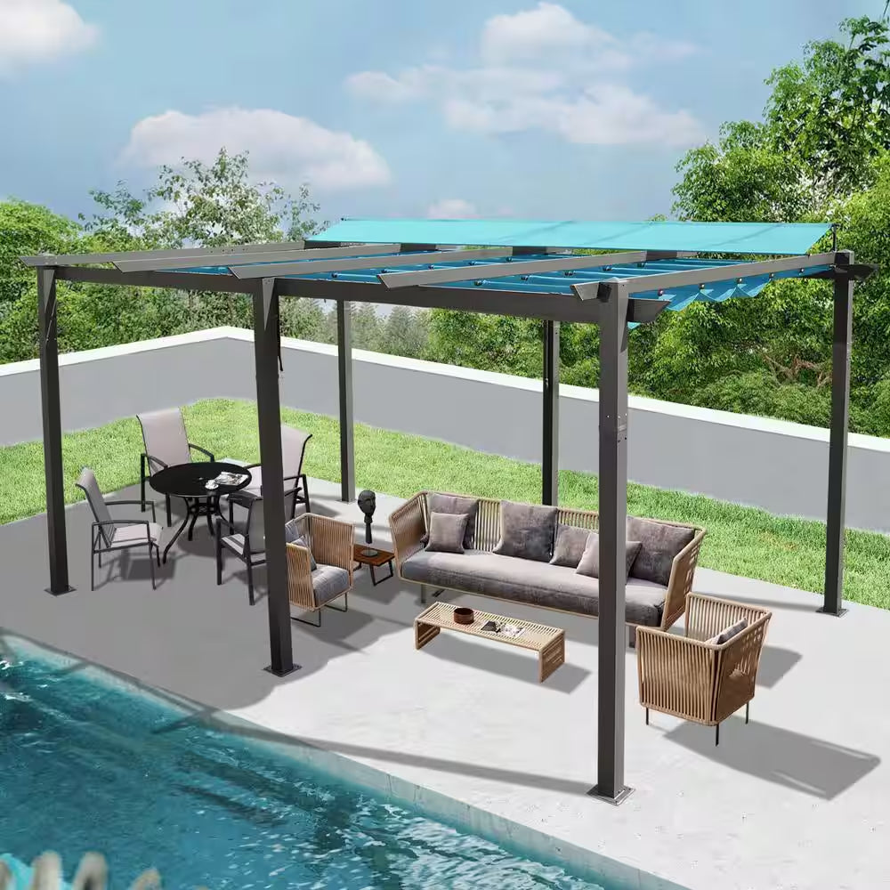 11 Ft. X 16 Ft. Dark Gray Aluminum Pergola with Lake Blue Adjustable Canopy
