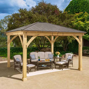 DIY Meridian 12 Ft. X 14 Ft. Cedar Wood Outdoor Patio Gazebo Kit with Hardtop Metal Roof - Permanent Covered Patio Shade