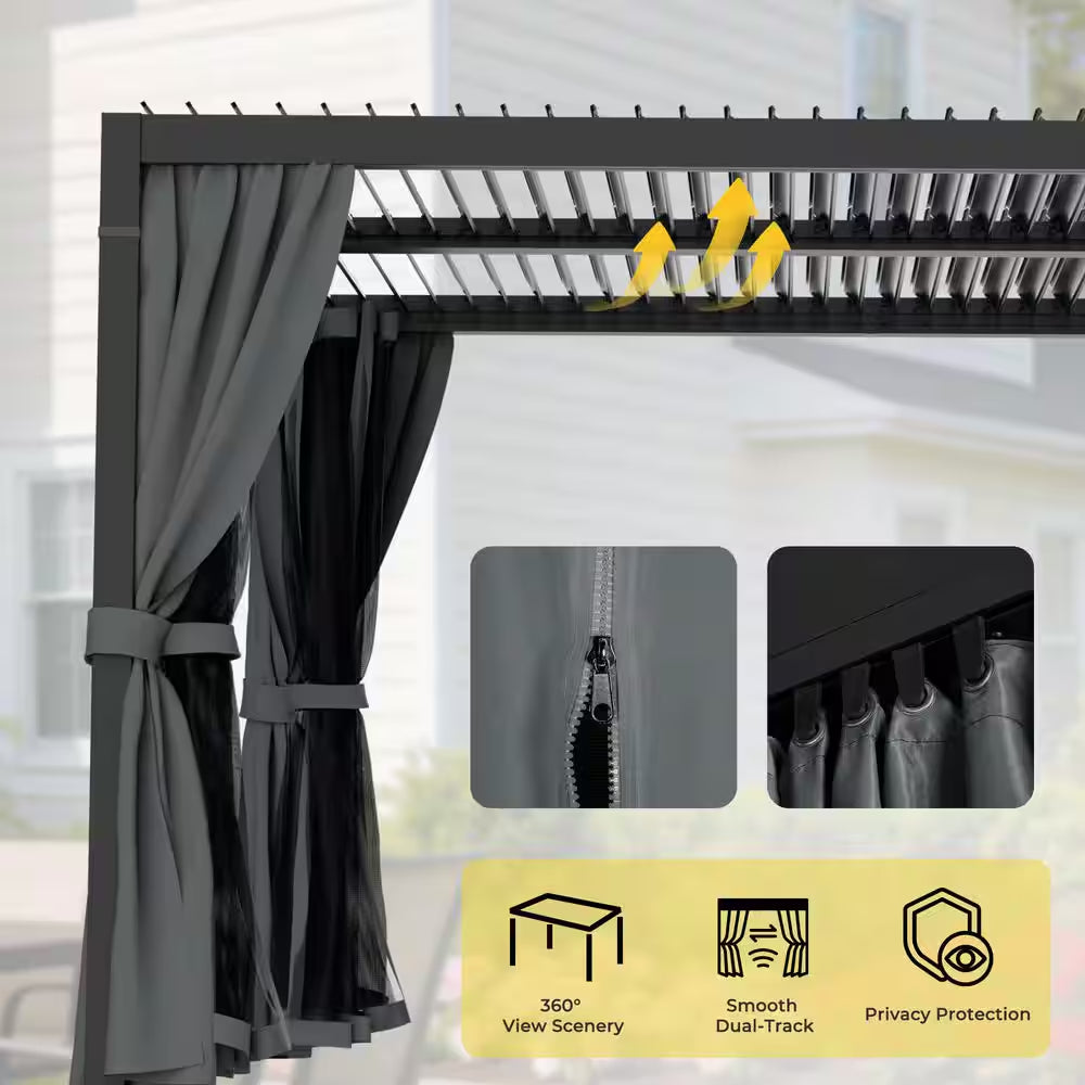 10 Ft. X 20 Ft. Black Aluminum Louvered Pergola with Adjustable Roof and Gray Curtains