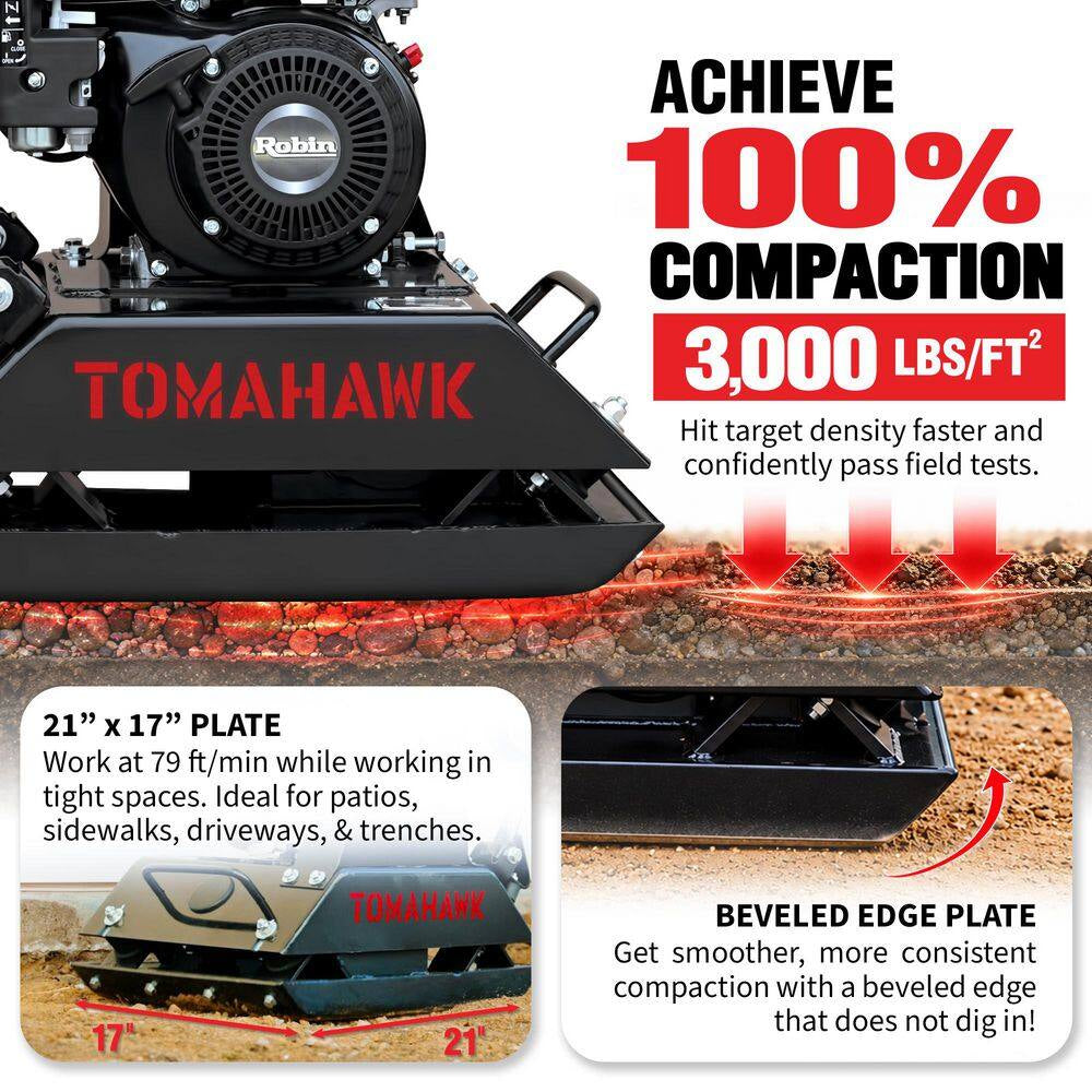 6 HP 3000 Lbs. 21 In. X 17 In. Gas Powered Vibratory Plate Compactor Tamper for Gravel Soil Compaction, 3 Year Warranty