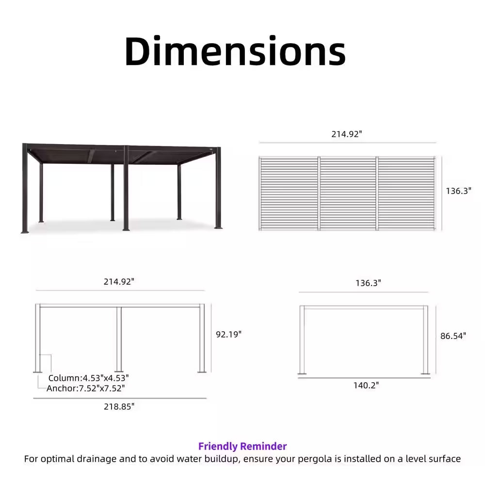 11.7 Ft. X 18.2 Ft. Bronze Aluminum Outdoor Louvered Pergola with 3-Individual Adjustable Roofs and In-Built Gutter