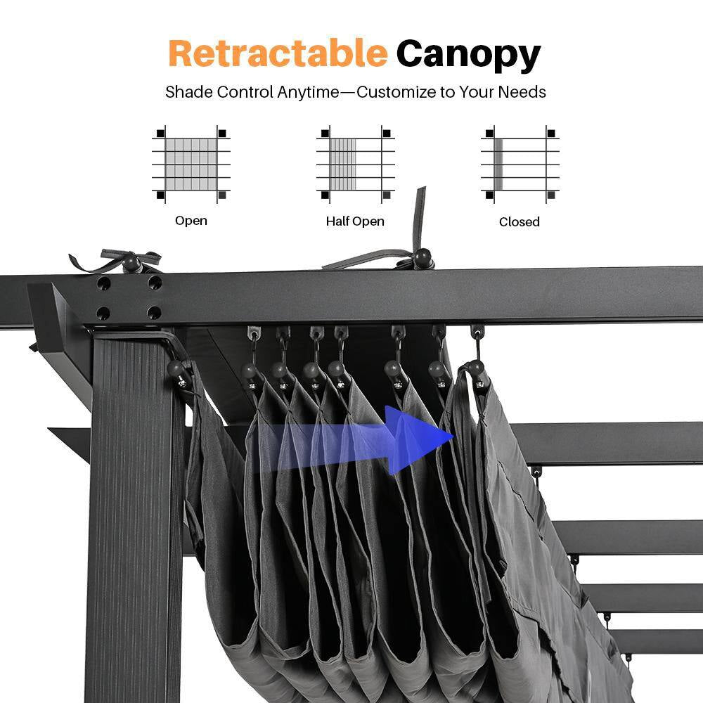 10 Ft. X 13 Ft. Grey Aluminum Outdoor Pergola with Grey Retractable Sun Shade Canopy