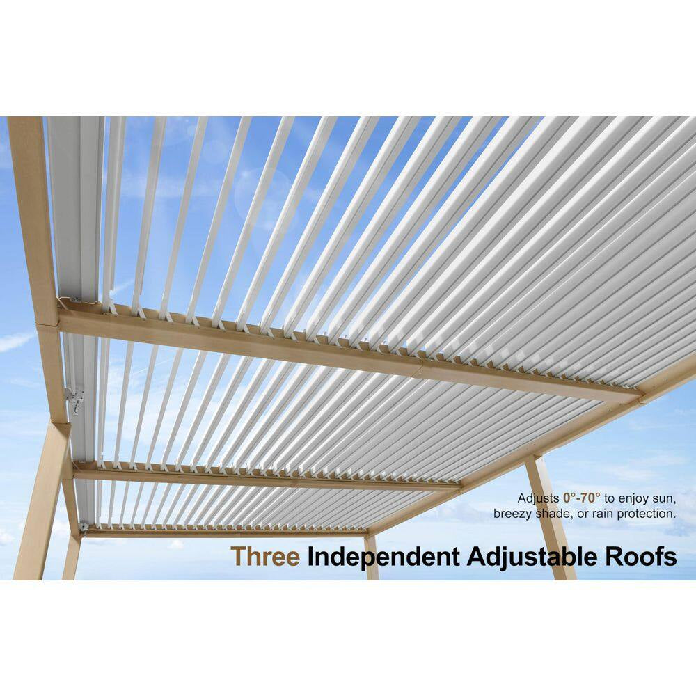 11.7 Ft. X 18.2 Ft. Wood Grain Aluminum Outdoor Louvered Pergola with Adjustable Roofs and String Lights