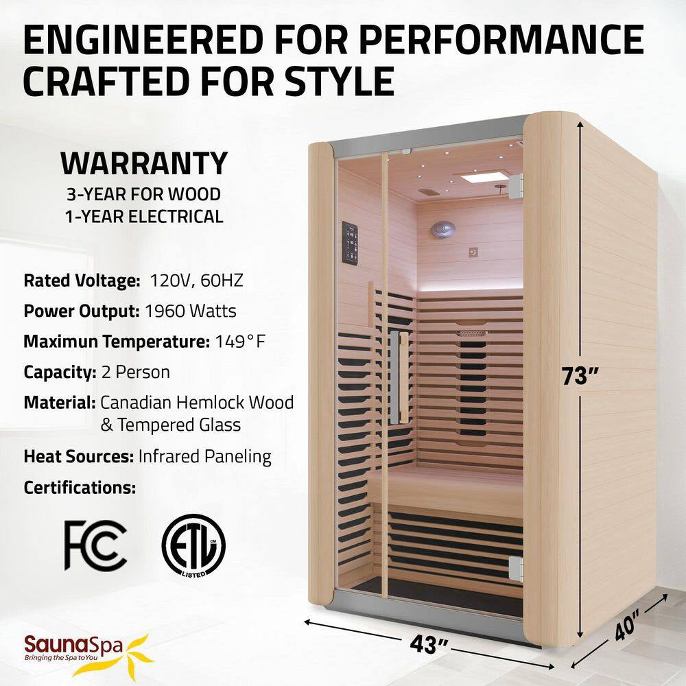 Full Spectrum 2-Person Infrared Indoor Sauna with Full Range Near, Mid, and Far Infrared Panels and Wifi Control
