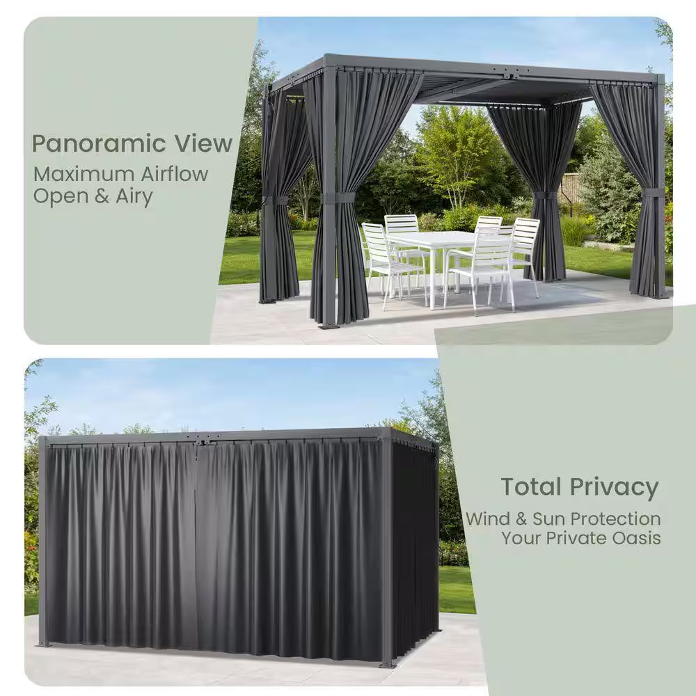 10 Ft. X 13 Ft. Gray Aluminum Louvered Pergola with Steel Roof and Curtains