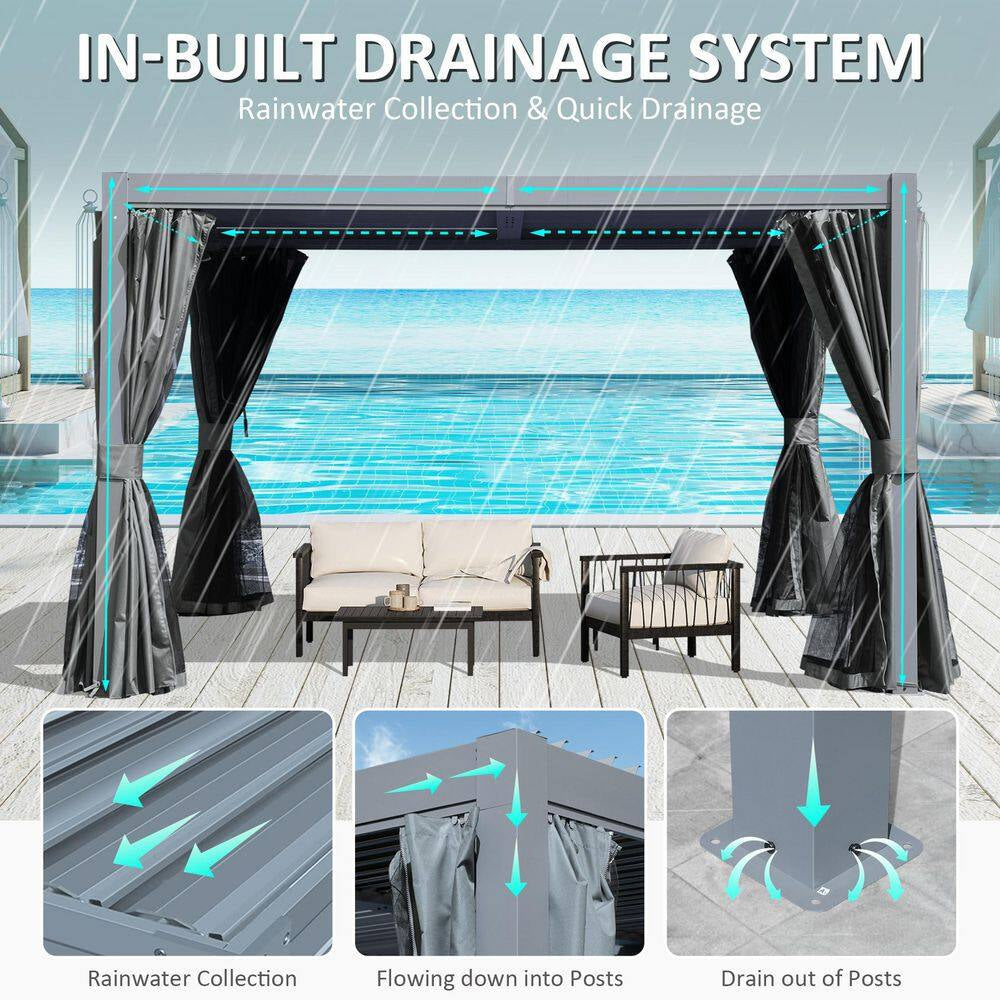 12 Ft. X 10 Ft. Aluminum Pergola with Louvered Roof and Drainage System, Gray