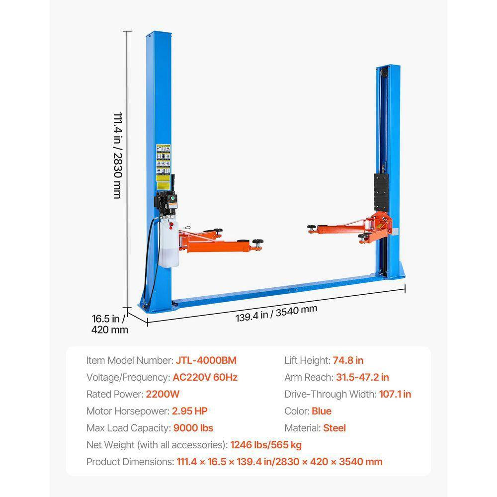 Symmetric 2 Post Car Lift 9000 Lb. Capacity, 220V 2.95 HP Motor, Hoist for Sedan/Suv, 74. 8In. Height, Garage/Shop, Blue