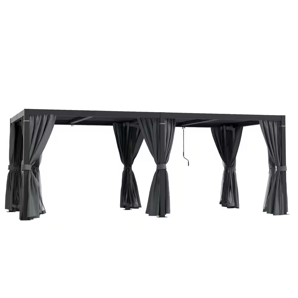10 Ft. X 20 Ft. Black Aluminum Louvered Pergola with Adjustable Roof and Gray Curtains