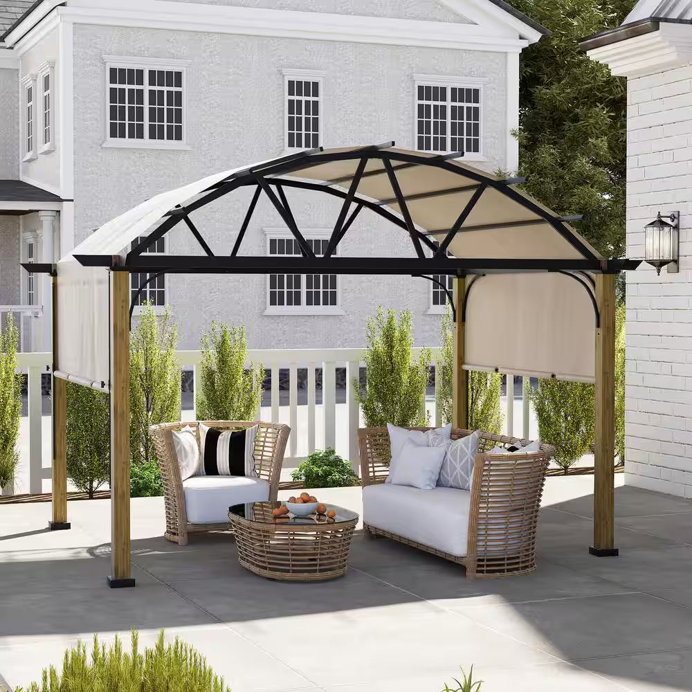 10 Ft. X 13 Ft. Aluminum Outdoor Pergola with Wood Grain Finish, Arched Canopy and Beige Retractable Shade