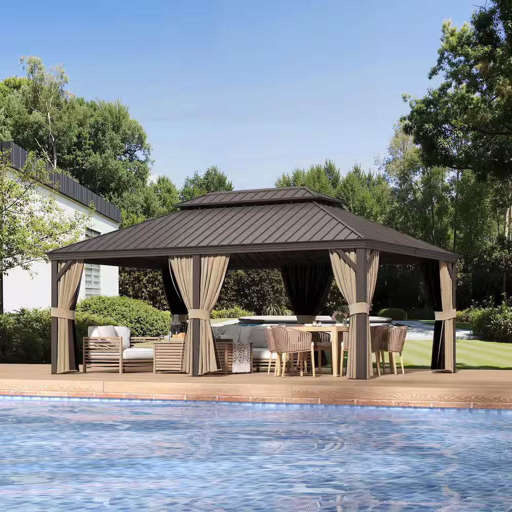14 Ft. X 20 Ft. Aluminum Outdoor Gazebo Double Roof Canopyw/Netting, Curtains, Garden Tent for Patio, Backyard, Lawns