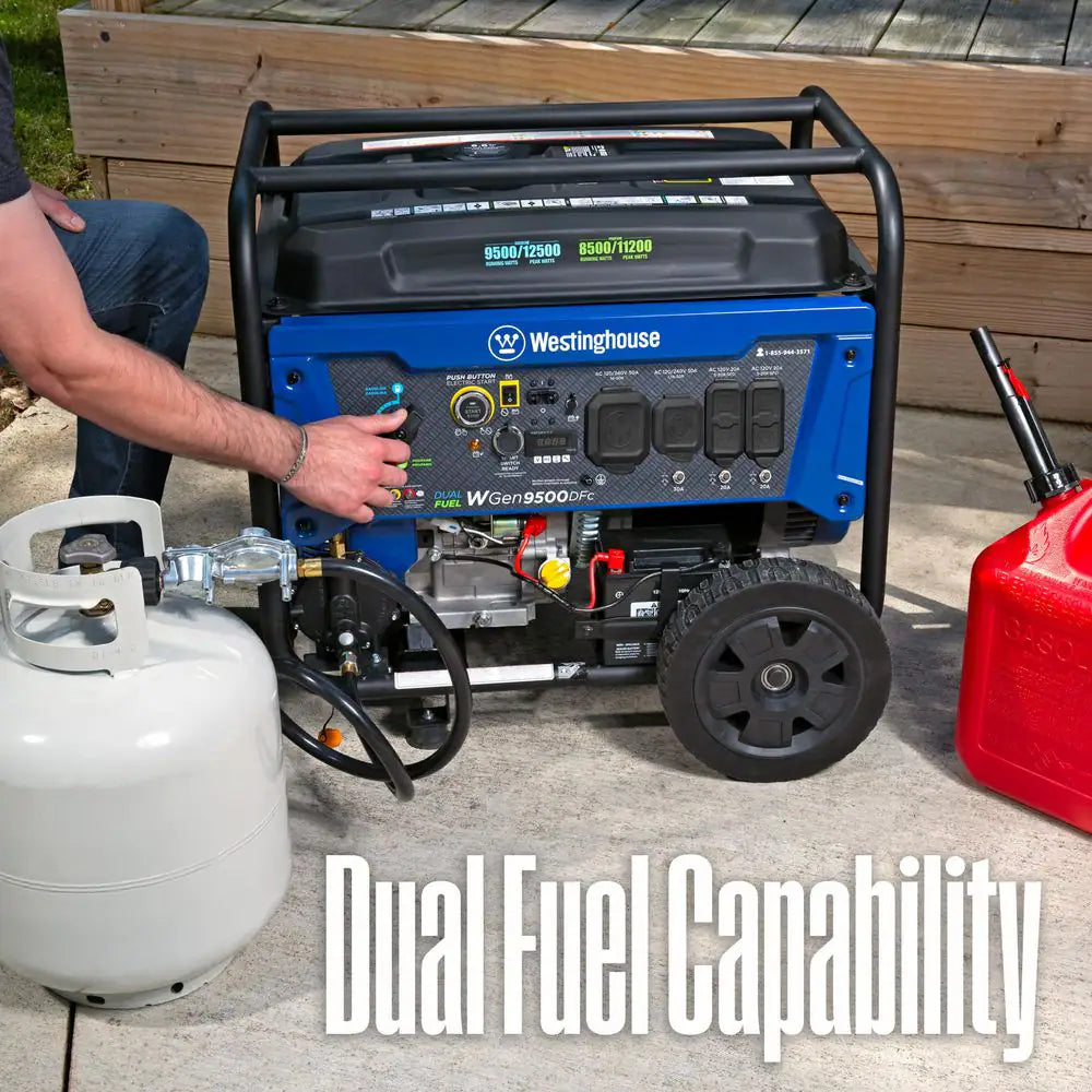 12,500/9,500-Watt Remote Electric Start Dual Fuel Gas and Propane Powered Portable Generator W/ 50 Amp Outlet, CO Sensor