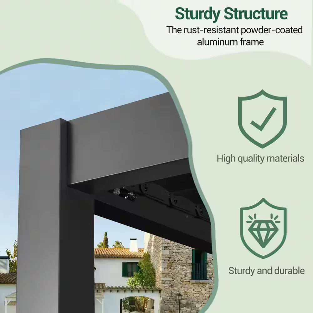 10 Ft. X 10 Ft. Modern Aluminum Pergola with Adjustable Louvers, LED Lights and Solar Charging, Charcoal Gray