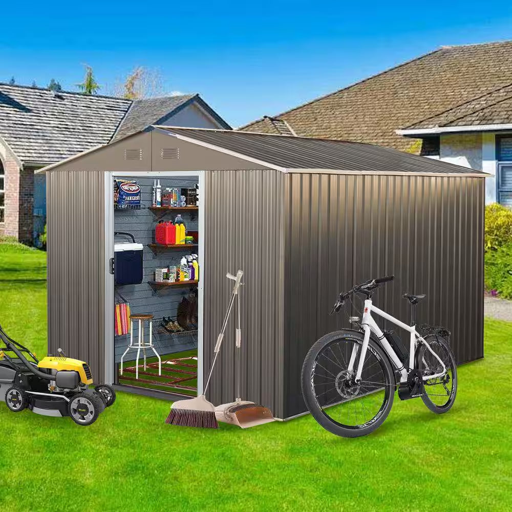 8 Ft.W X 10 Ft.D Outdoor Metal Storage Shed, Tool House with Metal Foundation for Patio, Yard, Lawn, Gray (77 Sq. Ft.)