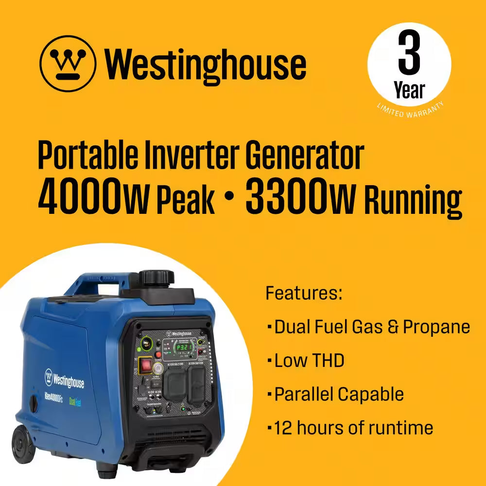 4,000-Watt Gas and Propane Powered Portable Inverter Generator with Remote Electric Start, LED Data Center