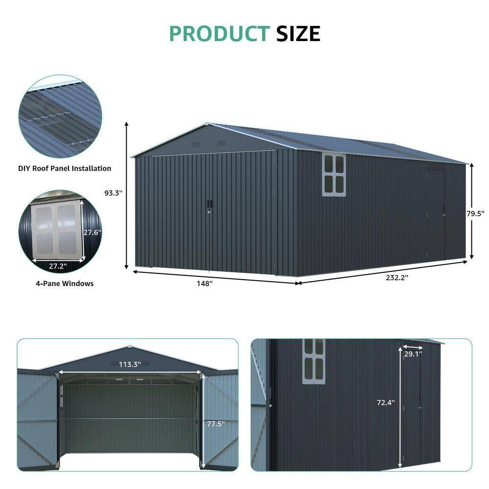 20 Ft. W X 13 Ft. D Outdoor Metal Storage Shed with 2 Windows,2 Translucent Panels for Garden in Dark Gray（260Sq. Ft.）