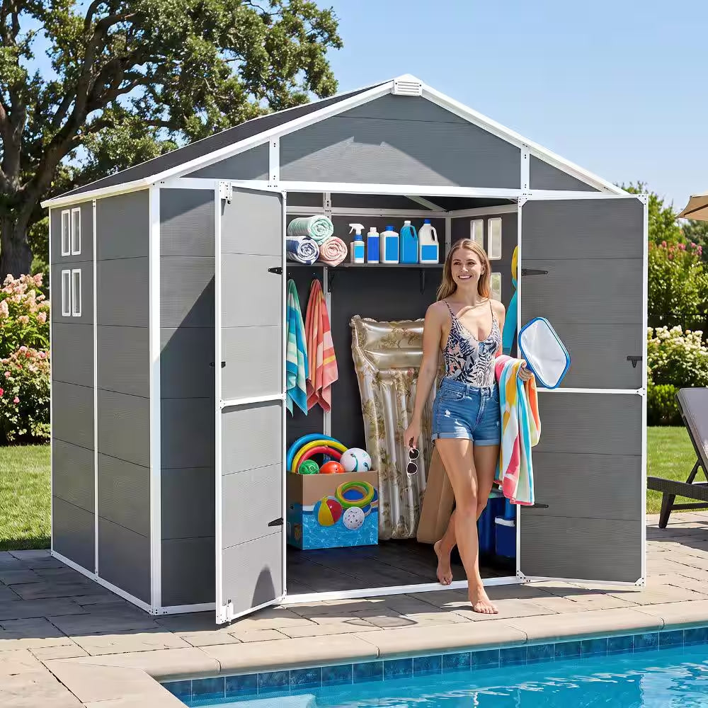8X6 FT Resin Storage Shed, Outdoor Waterproof Tool Shed with Reinforced Floor, Lockable Door, Window & Vent for Backyard