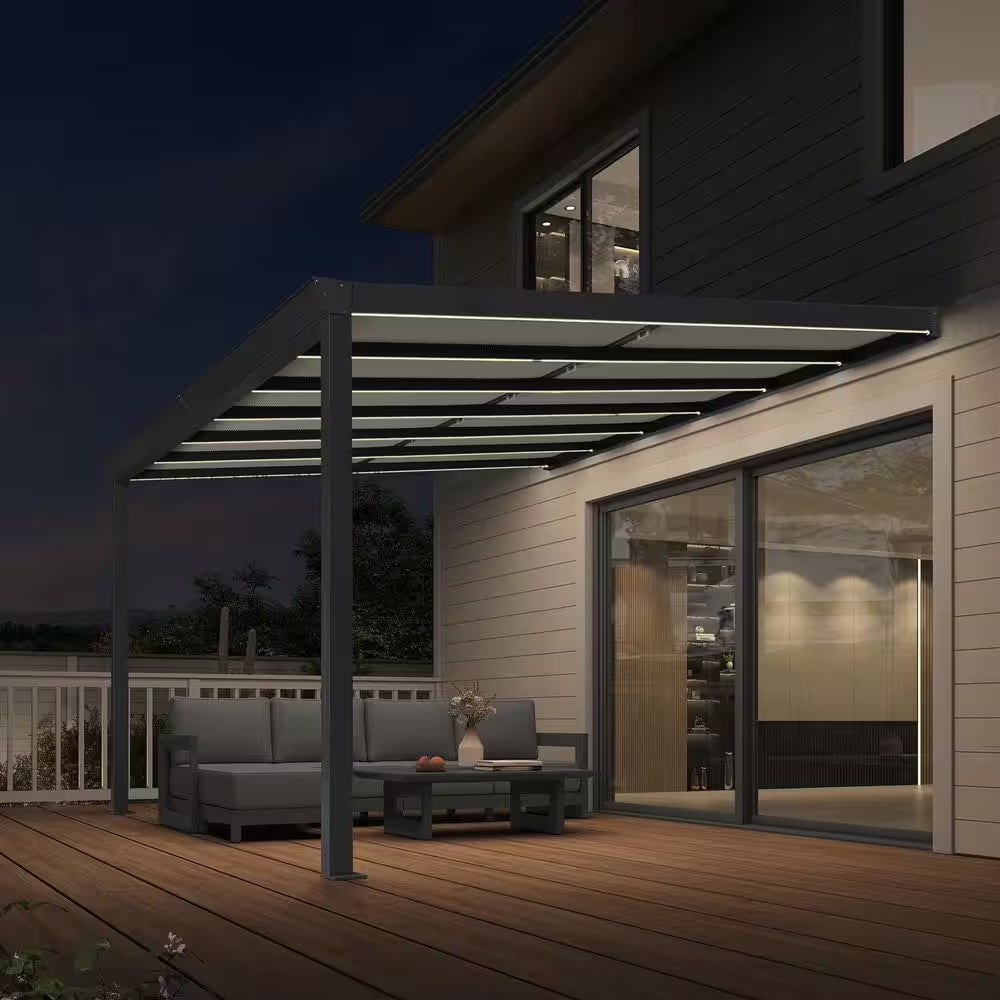 12 Ft. X 14 Ft. Gray Wall-Mounted Outdoor Pergola Aluminum Lean to Gazebo with PC Roof, LED Light and Retractable Canopy