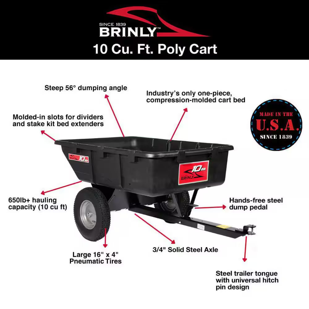 650Lbs. 10Cu.Ft. Tow-Behind Lawn Mower Trailer Dump Cart W/ Compression-Molded Poly Bed for Lawn Tractors and ZTR Mowers