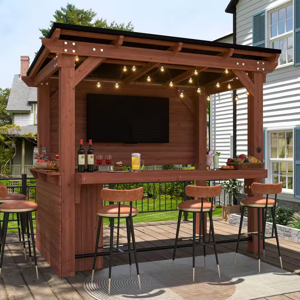 8.5 Ft. X 6 Ft. Cedar Wood Outdoor Bar Gazebo Pergola with Metal Sloped Roof, Storage Cabinet and TV Mount