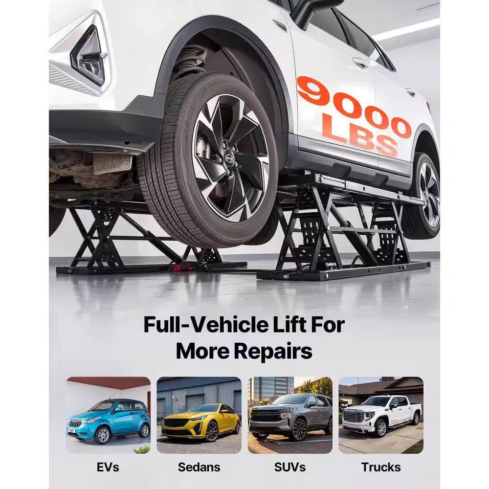 9000 Lbs. Portable Car Lift, Durable Steel Frame with 28 In. Max Height, 120-Volt Power Unit and Rubber Pads for Garage