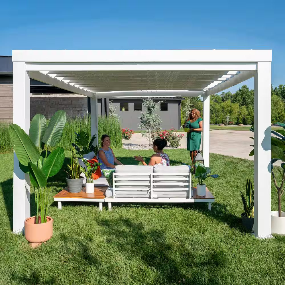 Windham 14 Ft. X 12 Ft. White Powder Coated Galvanized Steel Metal Modern Pergola W/ Sail Shade Soft Canopy and Electric