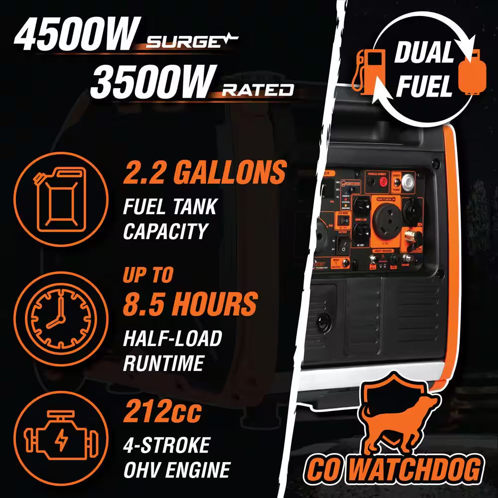 Super Quiet 4500/3500-Watt Remote Electric Start Gas-Powered Dual Fuel Rv-Ready Portable Inverter Generator, CO Watchdog