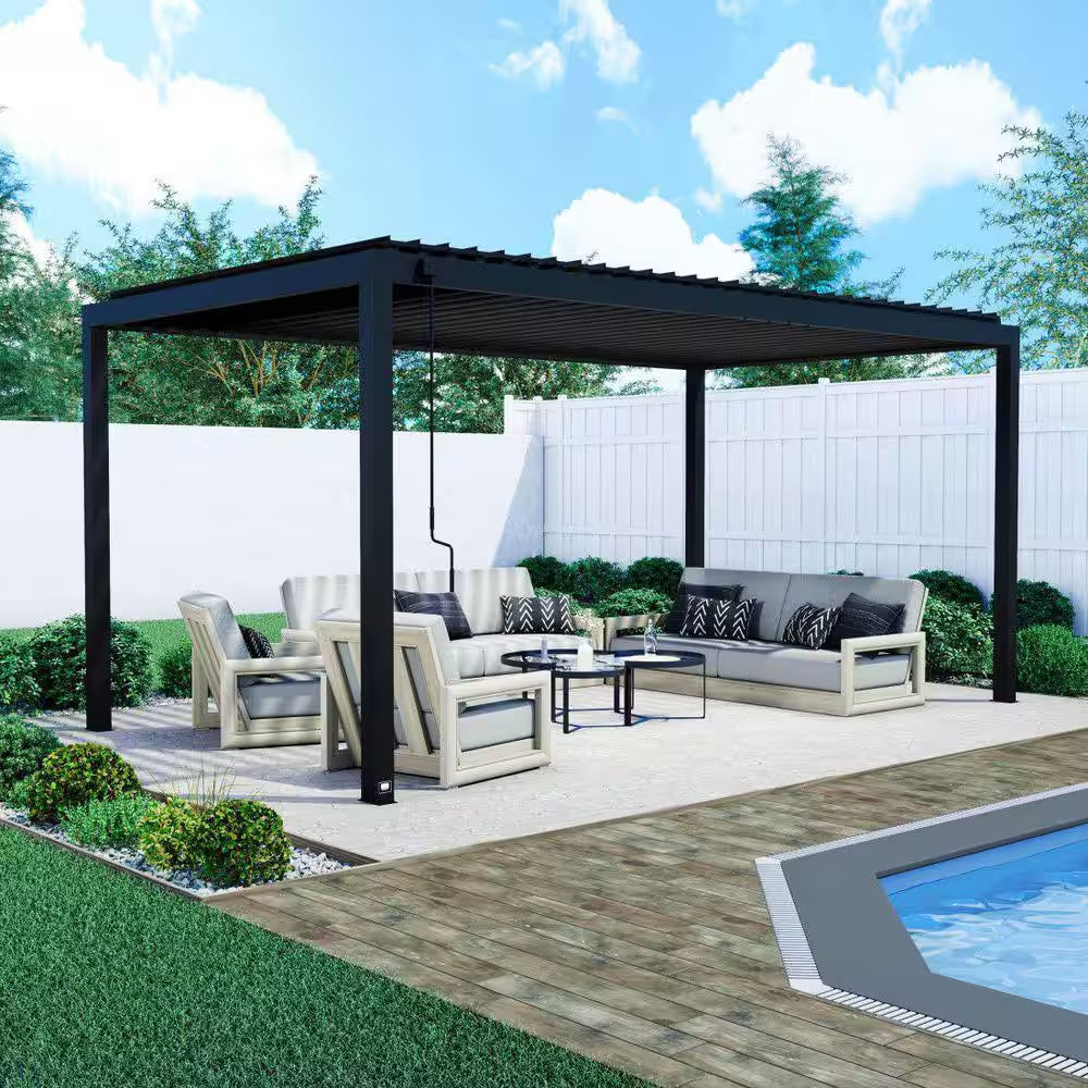 Sarasota 18 Ft. X 10 Ft. Black Galvanized Steel Outdoor Louvered Pergola Kit with Adjustable Steel Roof and Powerport