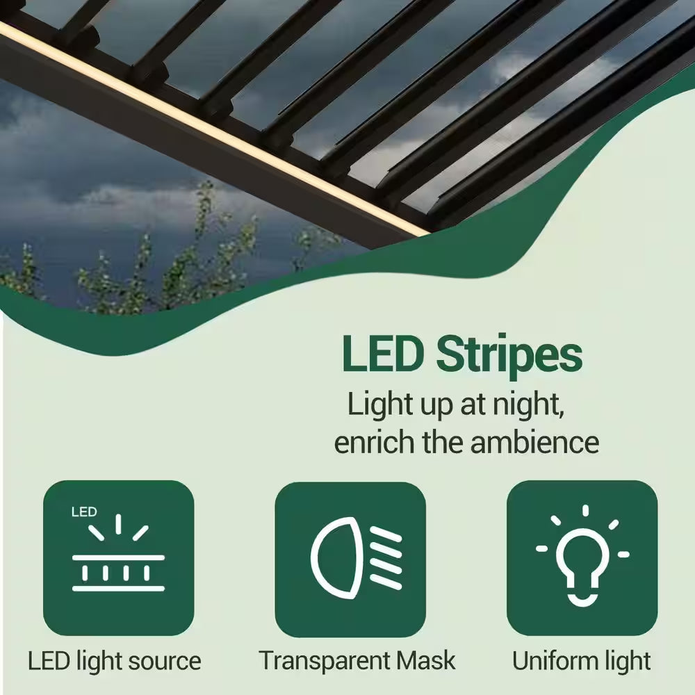10 Ft. X 10 Ft. Modern Aluminum Pergola with Adjustable Louvers, LED Lights and Solar Charging, Charcoal Gray