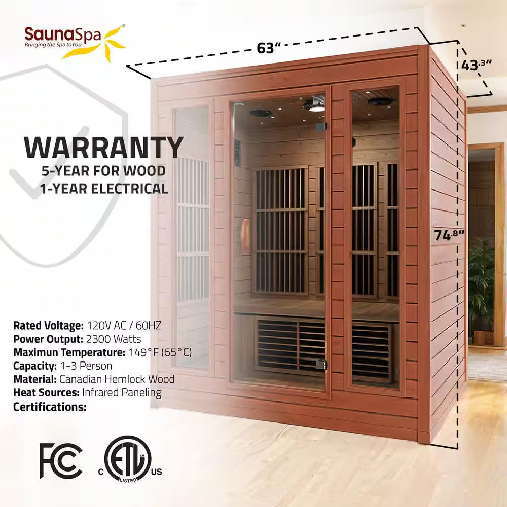 S12HD Series 3-Person Indoor Hemlock Wooden Infrared Sauna with Carbon FAR, LED Touch and Control Panel