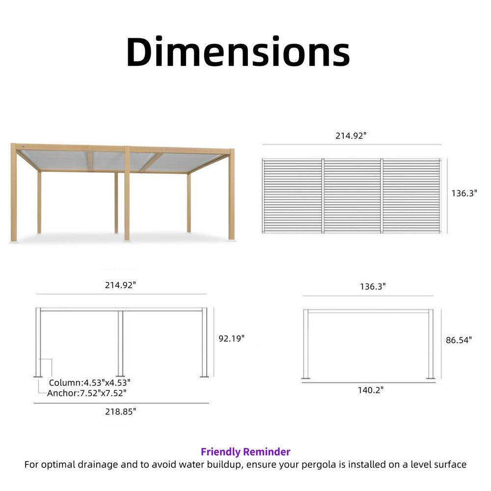 11.7 Ft. X 18.2 Ft. Wood Grain Aluminum Outdoor Louvered Pergola with Adjustable Roofs and String Lights