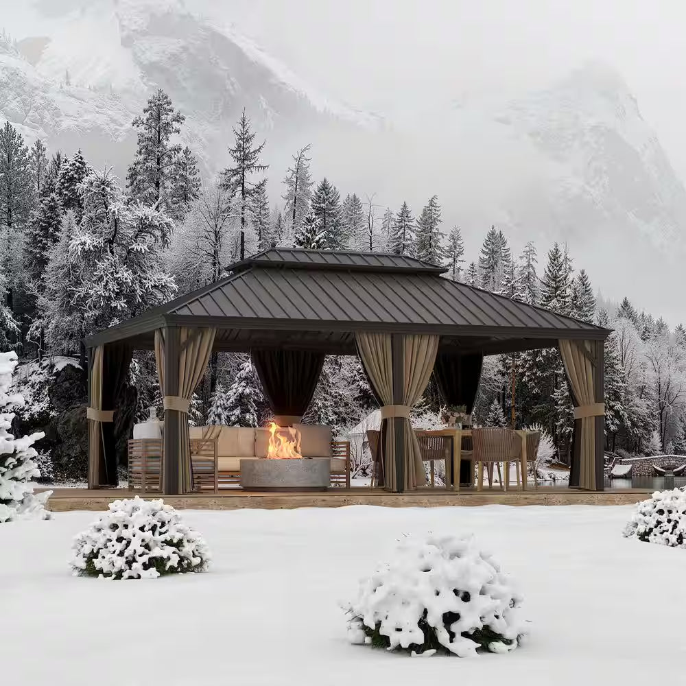 14 Ft. X 20 Ft. Aluminum Outdoor Gazebo Double Roof Canopyw/Netting, Curtains, Garden Tent for Patio, Backyard, Lawns