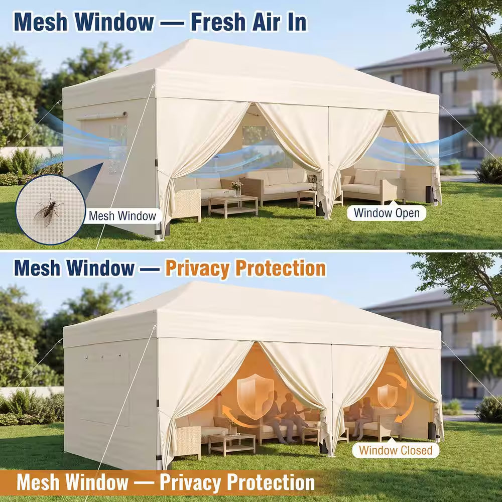 10 Ft. X 20 Ft. Beige Party Wedding Tent Pop-Up Canopy Tent Heavy-Duty with Mesh Windows, 3-Adjustable Height