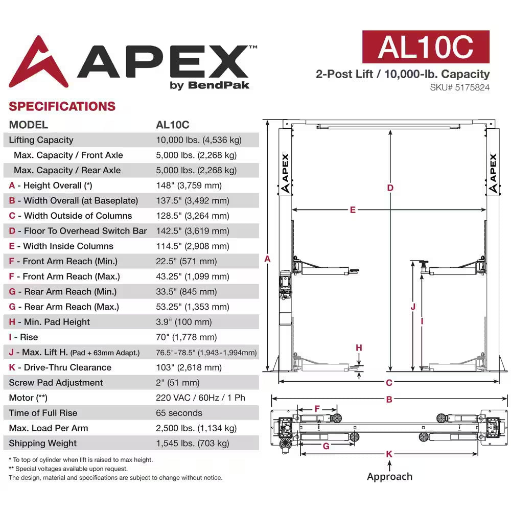 AL10C 10,000 Lb. Bi-Symmetric Clearfloor 2-Post Car Lift with Direct-Drive Hydraulic System, 220V 1-Phase