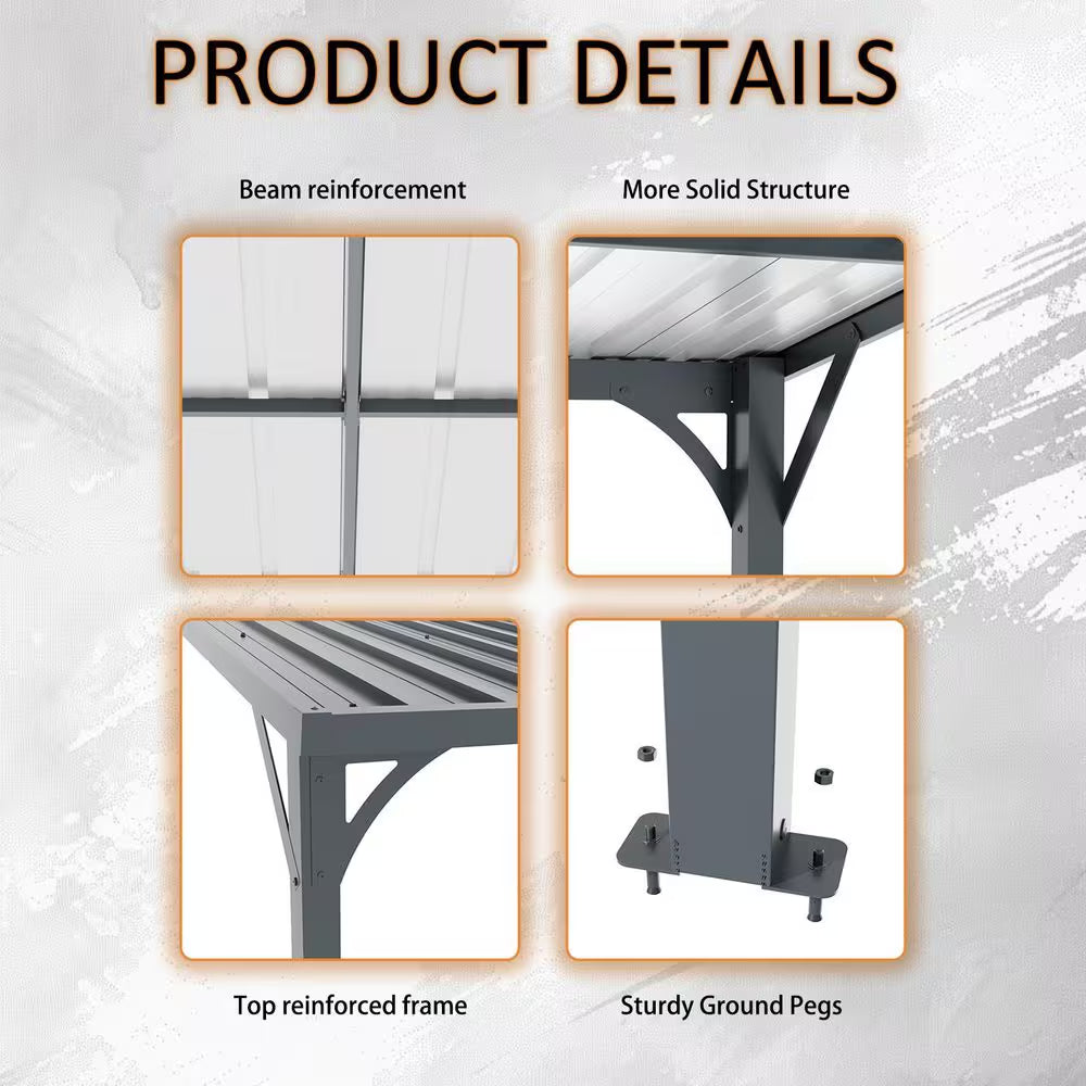 8 Ft. X 10 Ft. Lean to Gazebo, Wall Mounted Gazebos Pergola, Galvanized Steel Roof for Deck, Porch, Backy
