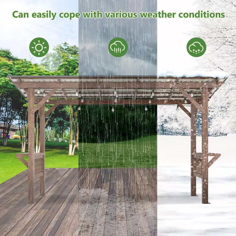 13 Ft. X 6.5 Ft. Brown Wooden Patio Pergola with Metal Roof Outdoor Garden Gazebo