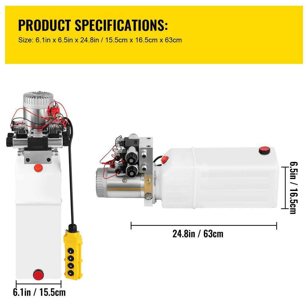Hydraulic Pump 8 Qt., 12V Double Acting Unit for Dump Trailer and Vehicle Lifting 3200 PSI, Includes 4 SAE #6 Connectors