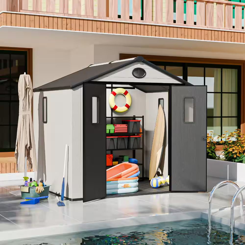 8X6Ft Resin Outdoor Storage Shed, Heavy-Duty Garden Tool Shed with Windows and Lockable Doors