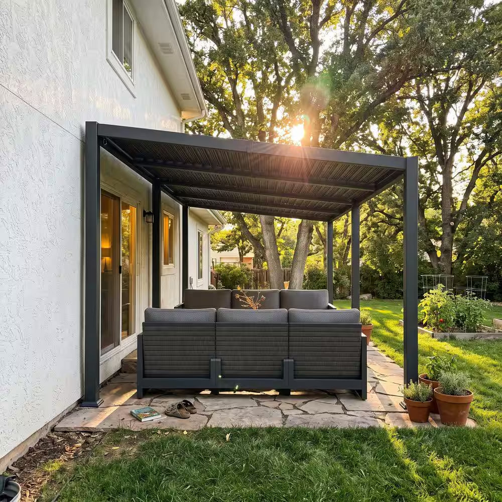 10 Ft. X 20 Ft. Grey Aluminum Outdoor Sloping Roof Louvered Pergola with Individual Adjustable Sunshade Roofs