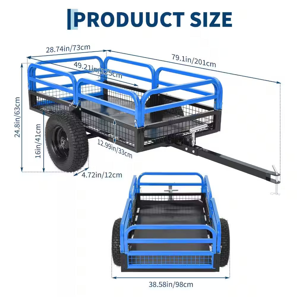 1500 Lb. 15 Cu. Ft. Heavy-Duty Steel Tow-Behind Dump Cart with Removable Sides and Pneumatic Tires, Blue