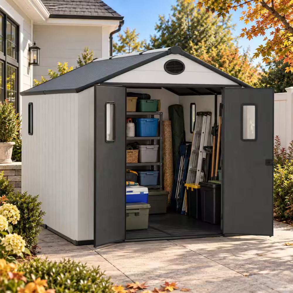 8 X 8 Ft. Gray Plastic Storage Shed Outdoor Resin Storage Cabinet Room with Lockable Door Air Vent Gable Roof for Patio