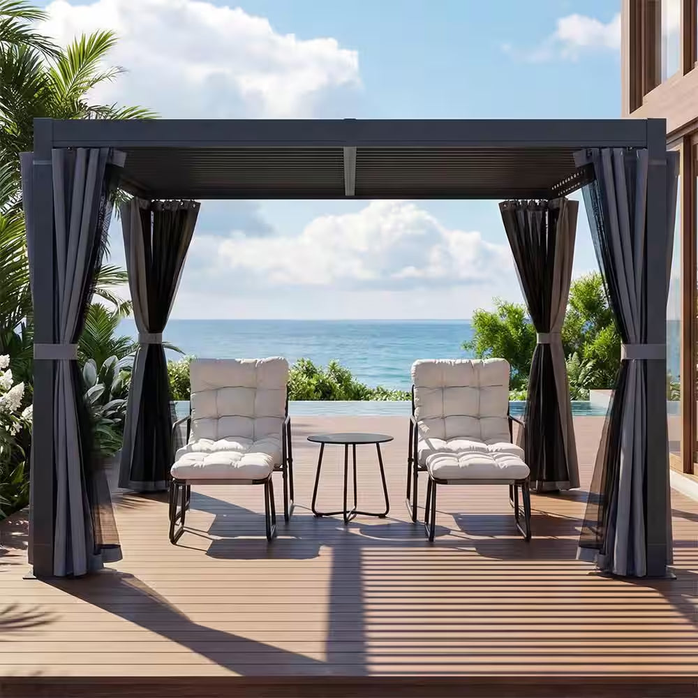 10 Ft. X 12 Ft. Grey All-Aluminum Outdoor Louvered Pergola with Adjustable Roof, Curtains and Netting