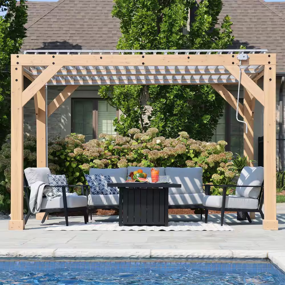 Meridian 10 Ft. X 12 Ft. Premium Cedar Patio Shade Pergola with Gray Louvered Roof Panels and Built-In Gutter System