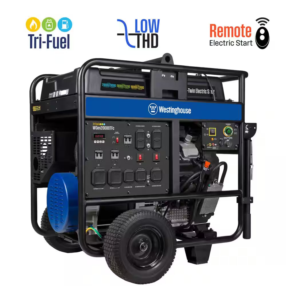 28,000/20,000-Watt Remote Electric Start Tri-Fuel Gas, Propane, Natural Gas Powered Portable Generator W/ Low THD